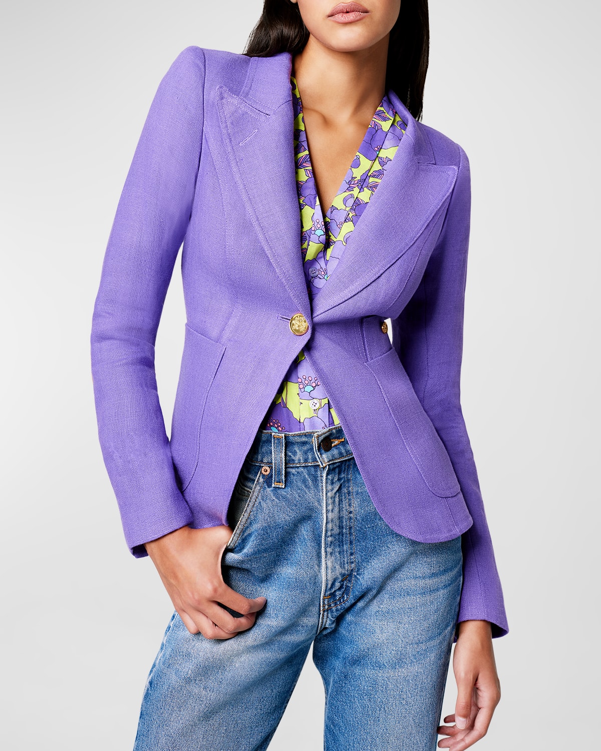 Shop Smythe Leather Elbow-patch Linen Duchess Blazer In Violet