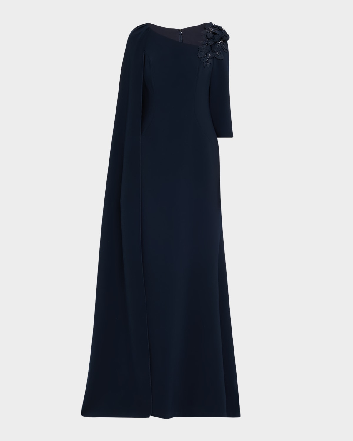 Rickie Freeman For Teri Jon Cape-sleeve Floral Applique Trumpet Gown In Blue