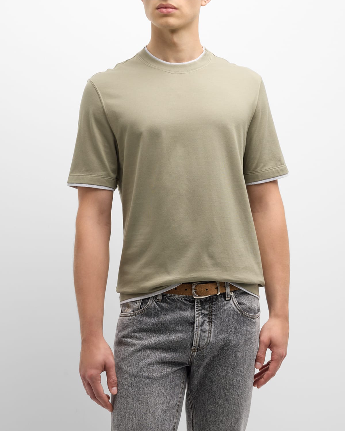 Brunello Cucinelli Men's Cotton Crewneck T-shirt With Tipping In Olive Green