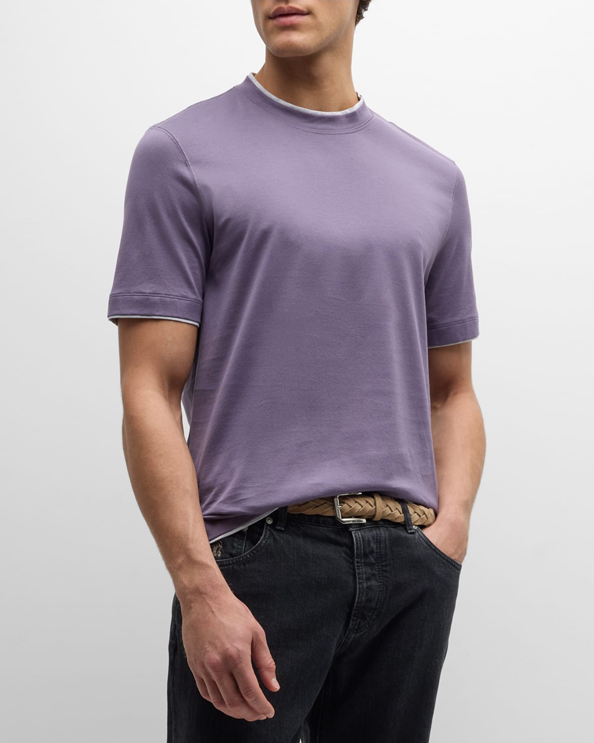 Brunello Cucinelli Men's Cotton Crewneck T-shirt With Tipping In Purple