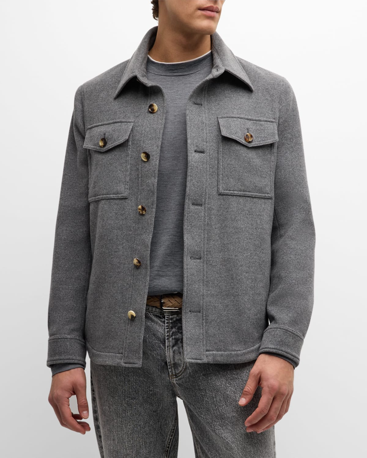 Shop Brunello Cucinelli Men's Cashmere Western Shirt Jacket In Cuf82 Grey