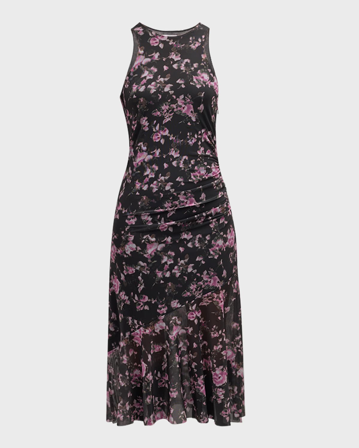 Ganni Sleeveless Floral Mesh Midi Dress In Animal Print