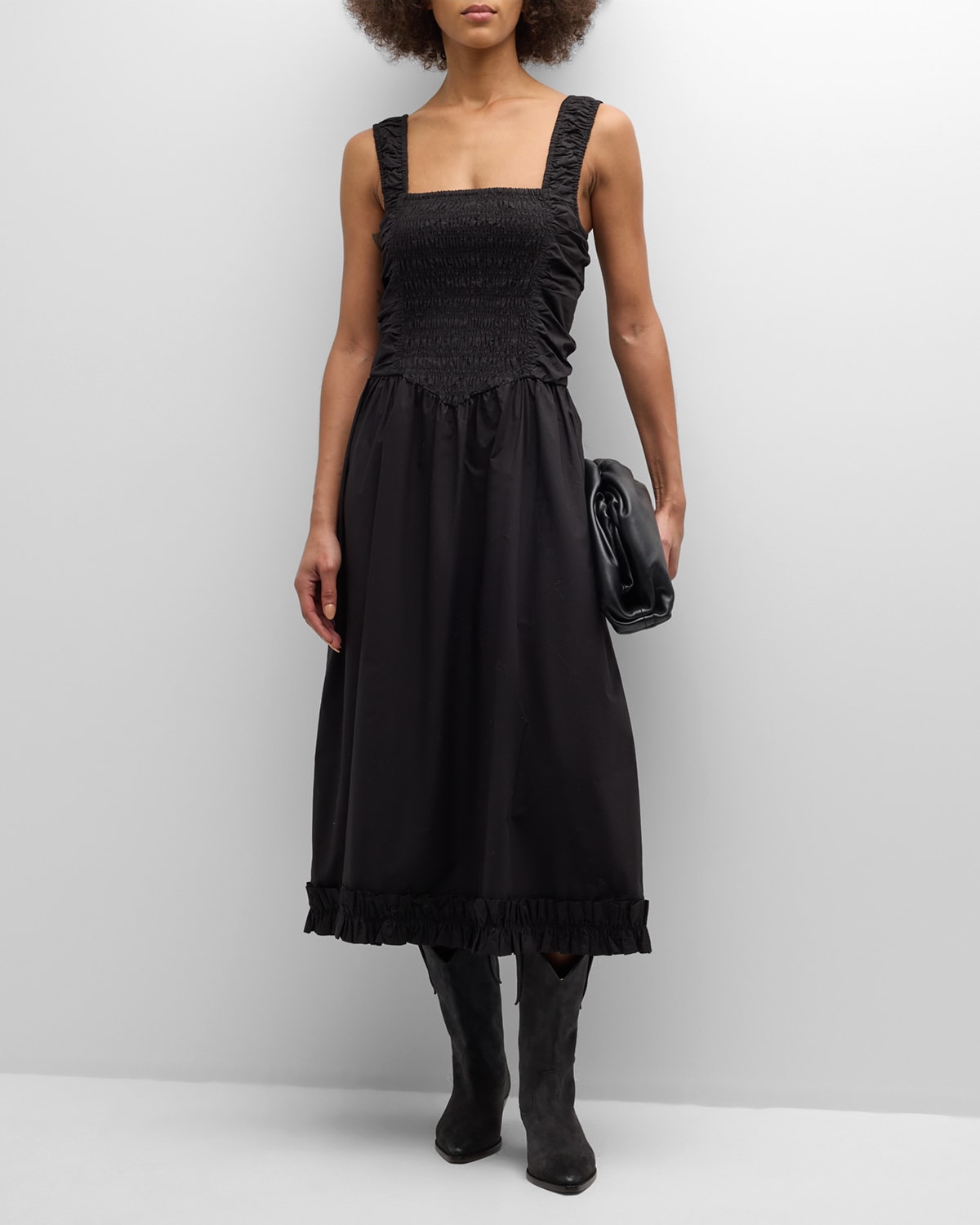 Shop Ganni Smocked Cotton-poplin Midi Dress In Black