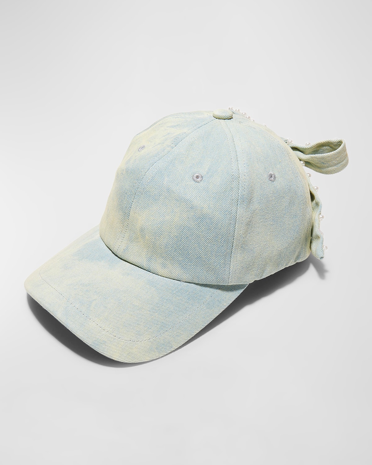 Shop Lele Sadoughi Acid Wash Denim Baseball Hat With Pearly Bow In Faded Denim 400