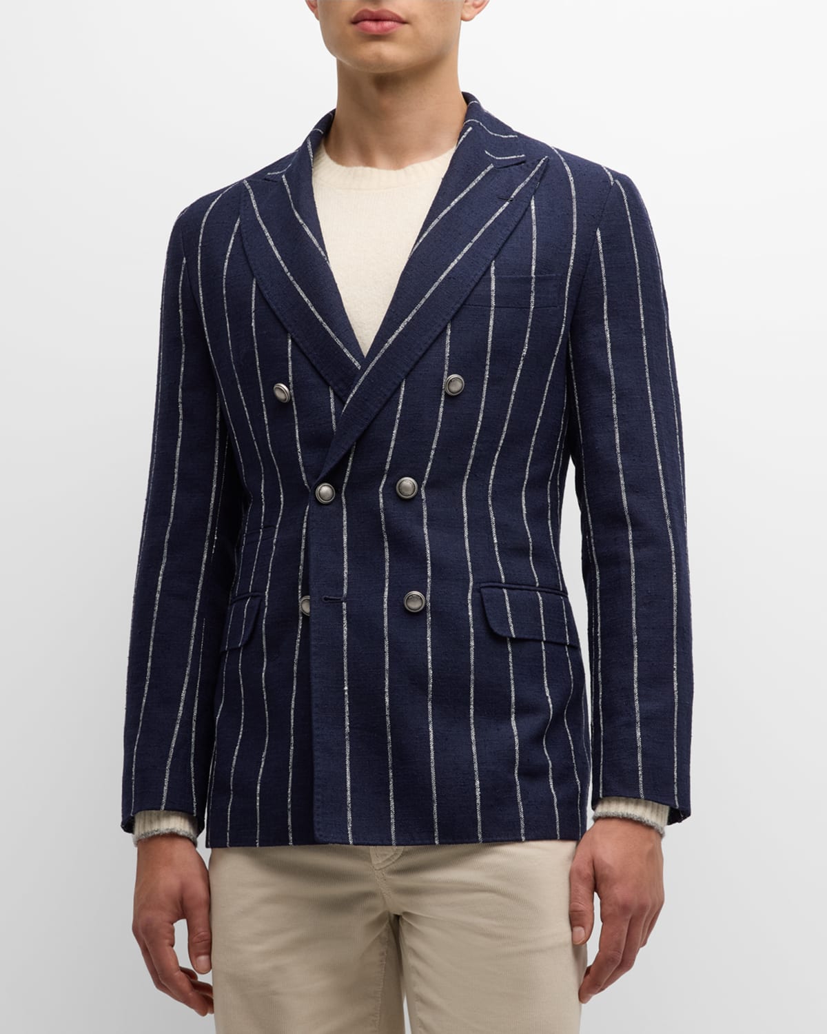 Brunello Cucinelli Men's Striped Double Breasted Linen Sport Jacket In Blue