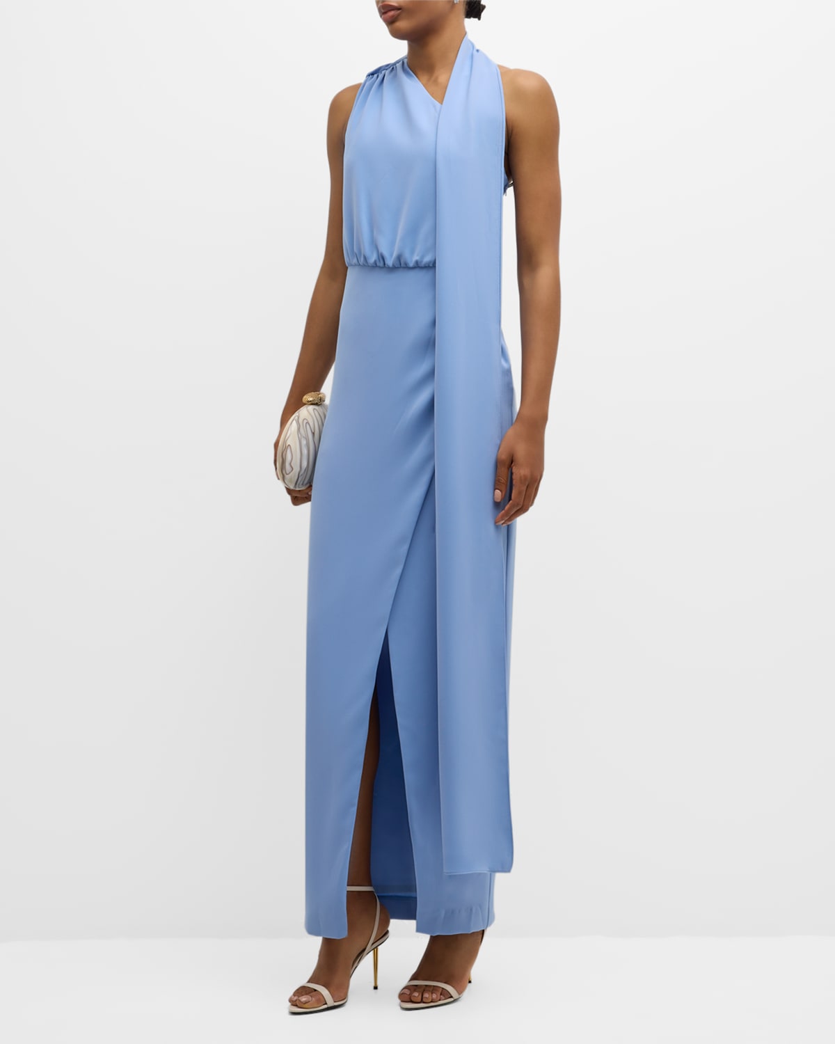 Shop Black Halo Fantasia Draped One-shoulder Column Gown In Blue Bliss