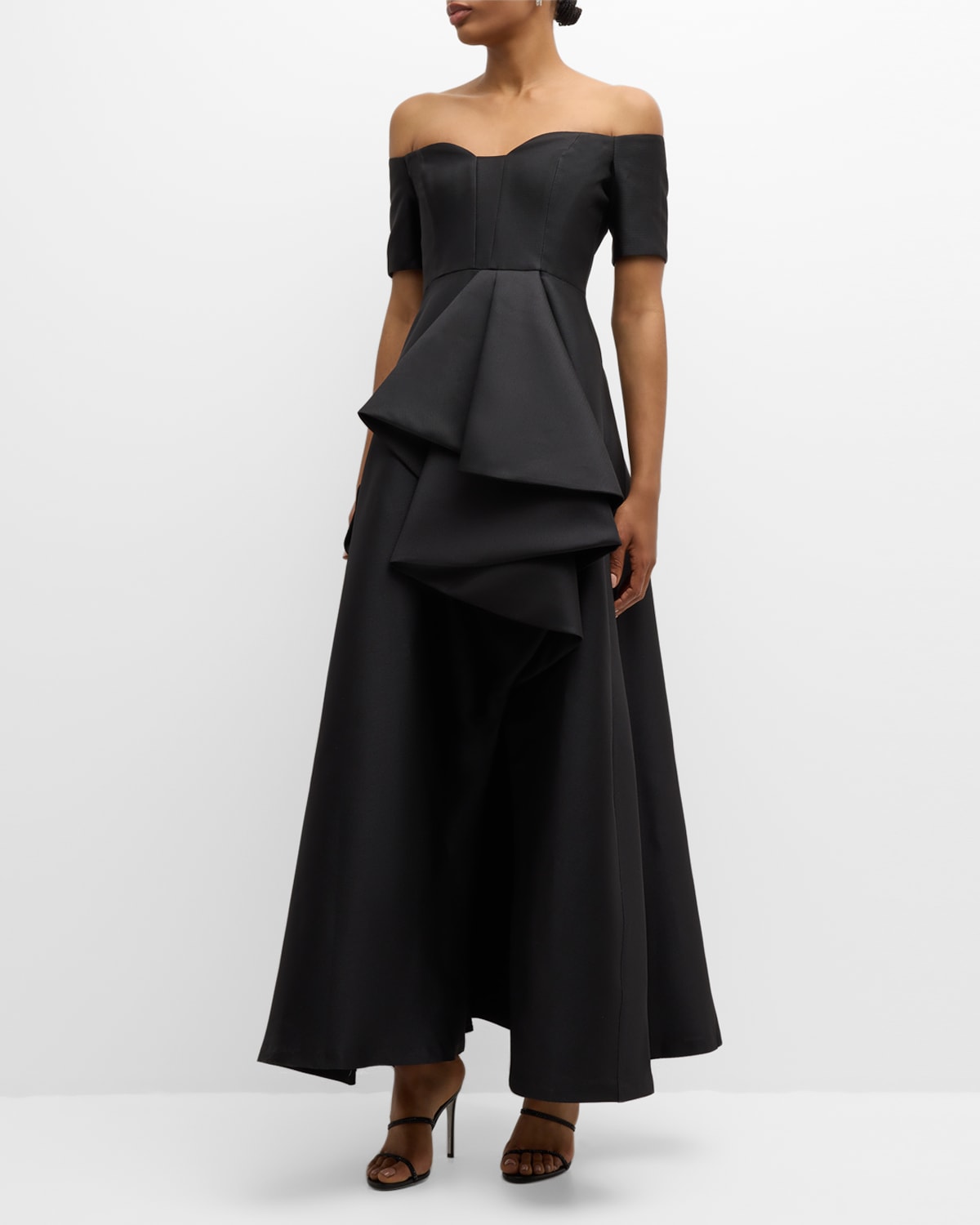 Shop Black Halo Serafina Off-shoulder Ruffle Jacquard Gown In Noir Passion