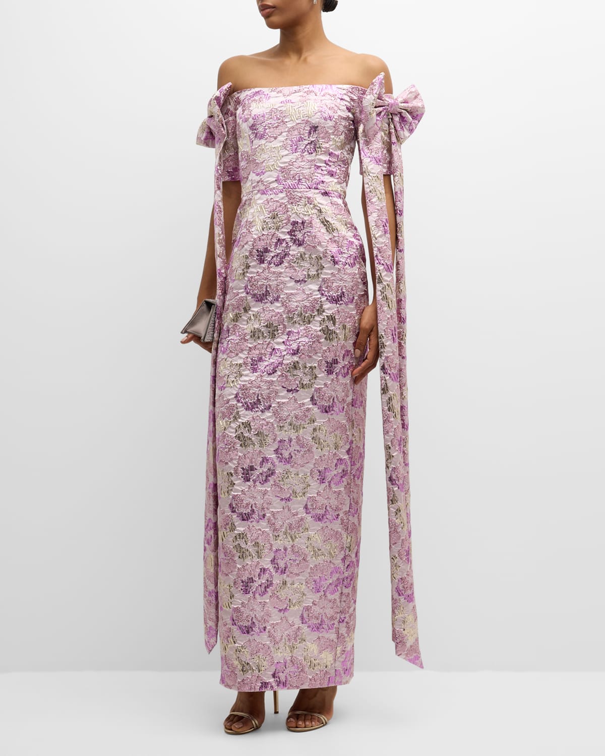 Paisley Off-Shoulder Floral Jacquard Bow Gown