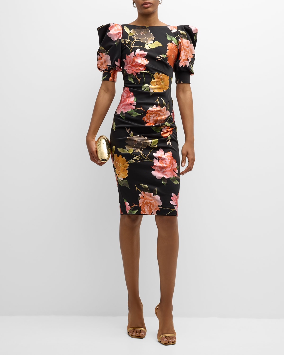 Shop Black Halo Zella Pleated Floral-print Bodycon Midi Dress In Fire Bloom