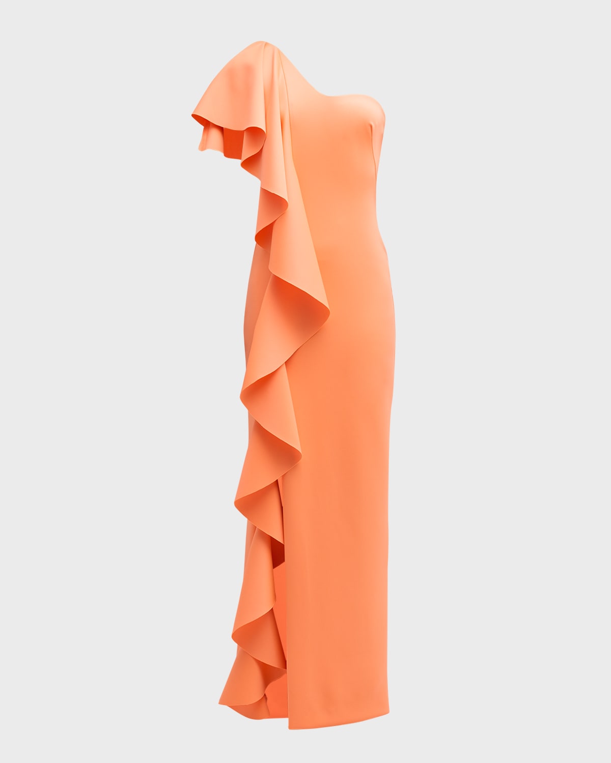 Shop Black Halo Percy One-shoulder Ruffle Column Gown In Neon Apricot