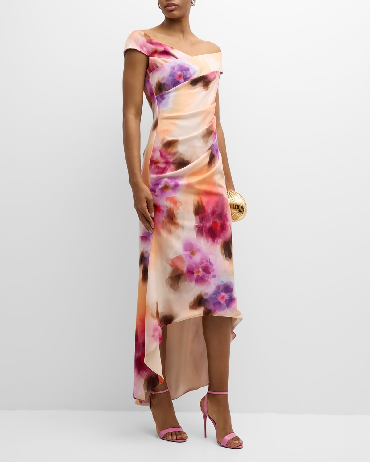 Brielle High-Low Off-Shoulder Floral-Print Gown
