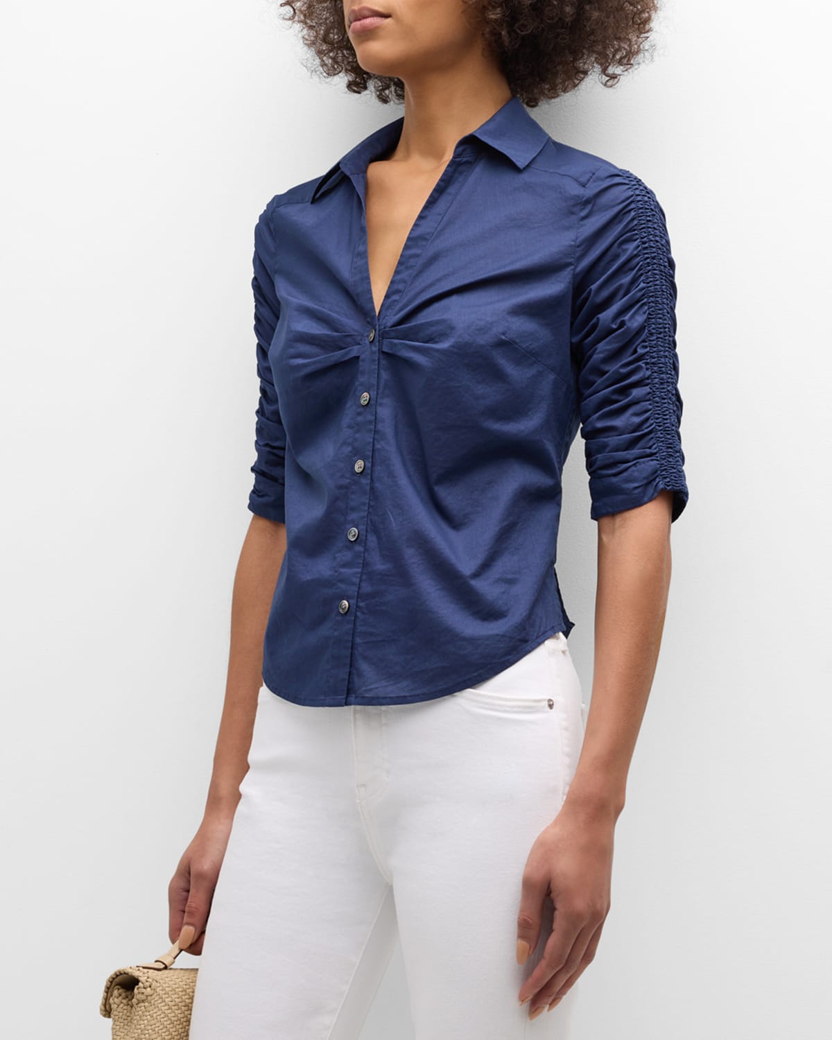 Shop Veronica Beard Porta Ruched Button-front Shirt In Marine