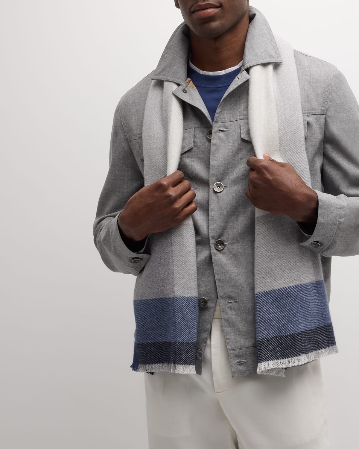 Brunello Cucinelli Men's Wool-cashmere Uneven Plaid Scarf In Grey/brown
