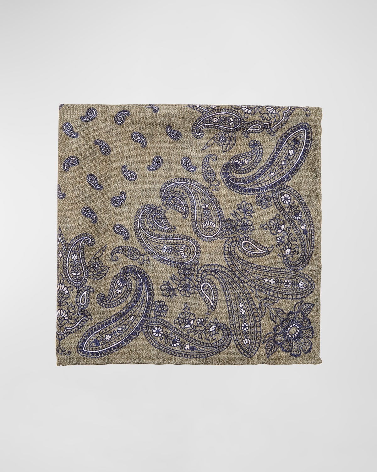 Brunello Cucinelli Men's Silk Paisley Pocket Square In Olive/navy