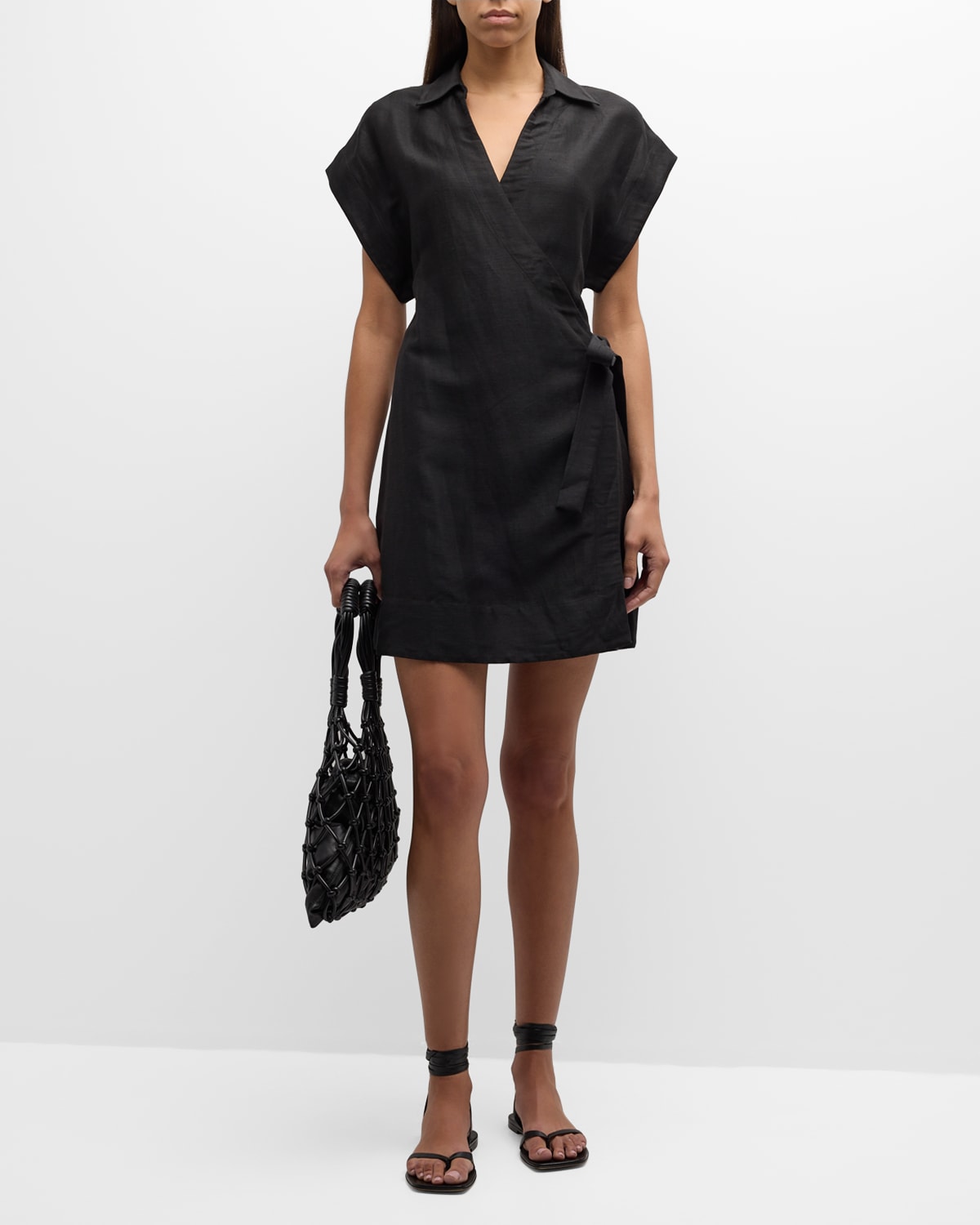 Bondi Born Arita Linen-blend Mini Wrap Dress In Black