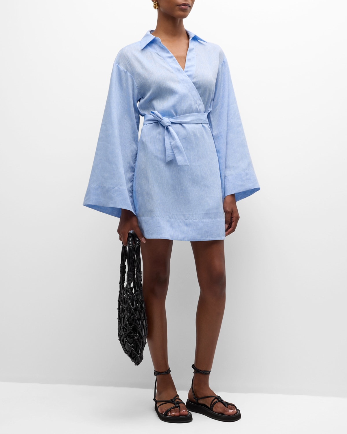 Bondi Born Nikko Linen Bell-sleeve Mini Wrap Dress In Blue