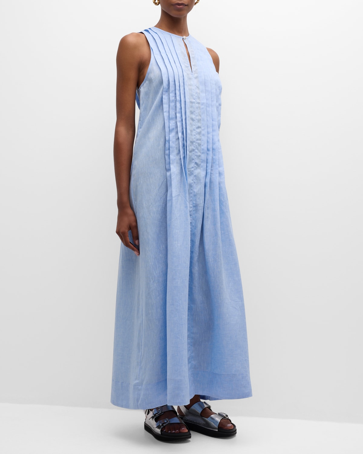 Bondi Born Nikko Pleated Linen Sleeveless Maxi Dress In Blue
