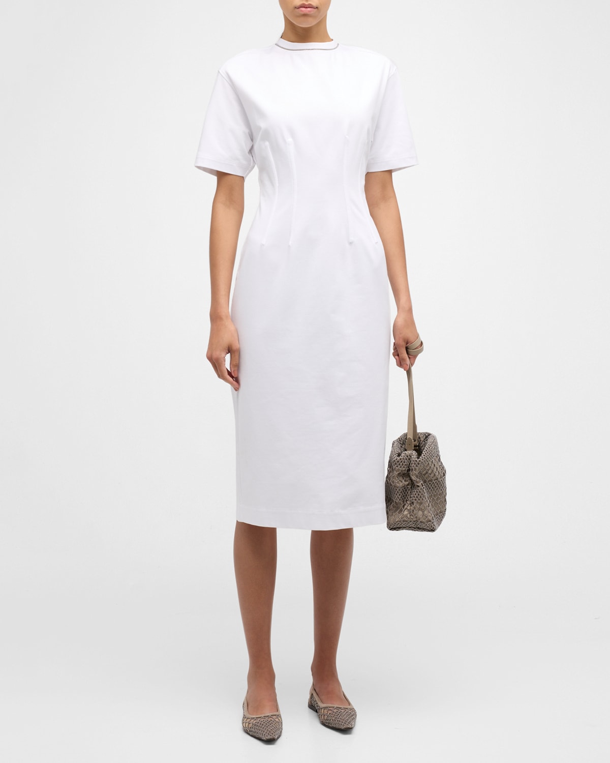 Shop Brunello Cucinelli Monili-trim Corset Techno Couture Jersey Midi T-shirt Dress In C159 White Monile