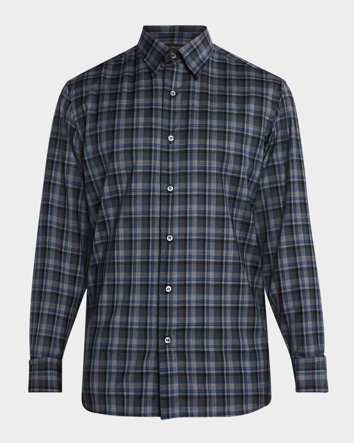 Brioni Men's Wool Check Casual Button-down Shirt In Bluettena