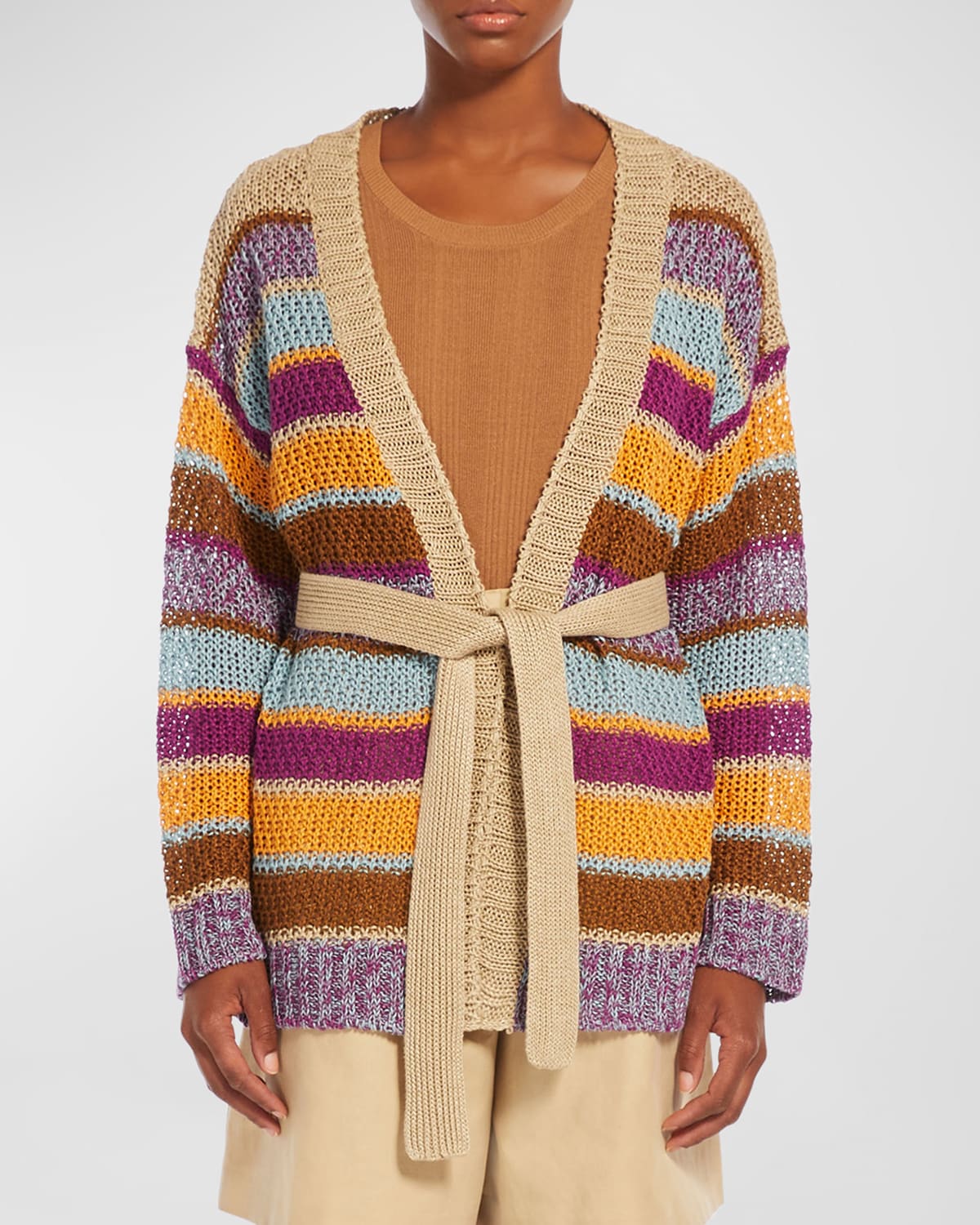 Shop Weekend Max Mara Kabala Striped Wrap-front Flax Linen Cardigan In Multicolour