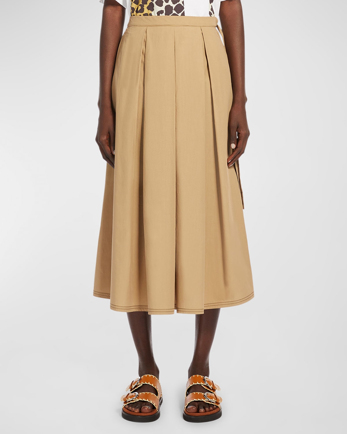 Shop Weekend Max Mara Donata Pleated Cotton Poplin Midi Skirt In Colonial