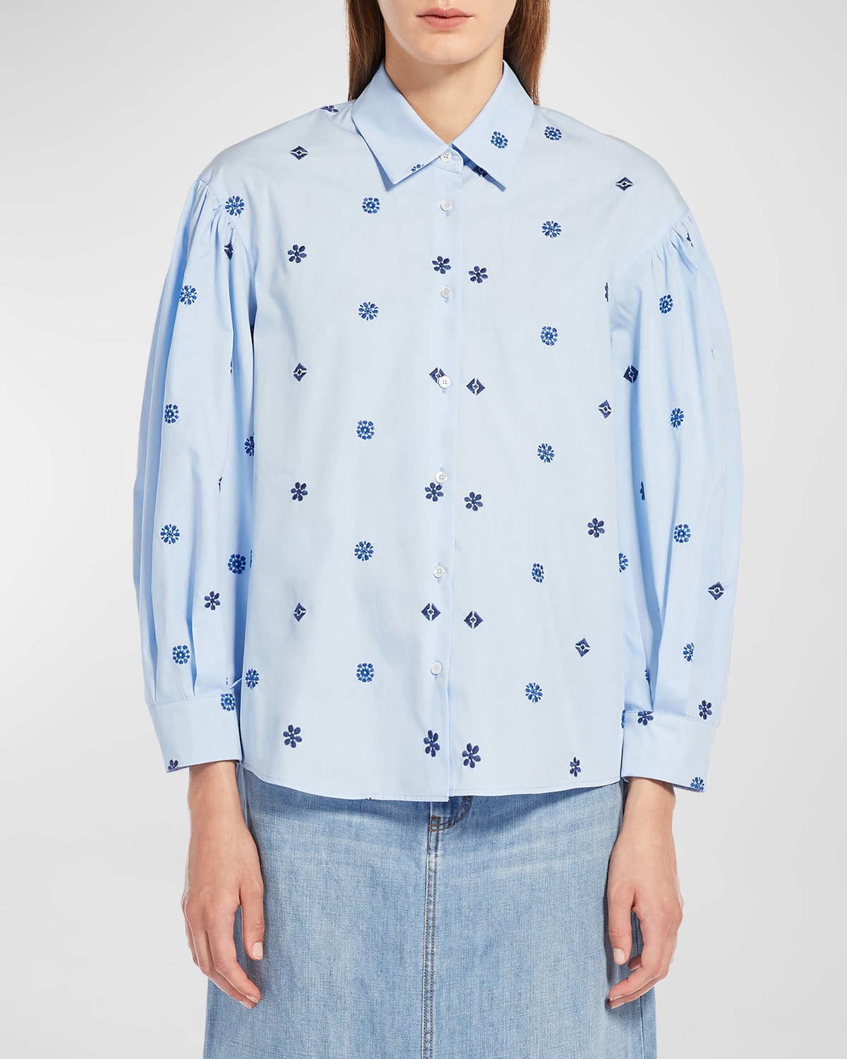 Shop Weekend Max Mara Villar Floral-embroidered Button-down Shirt In Light Blue