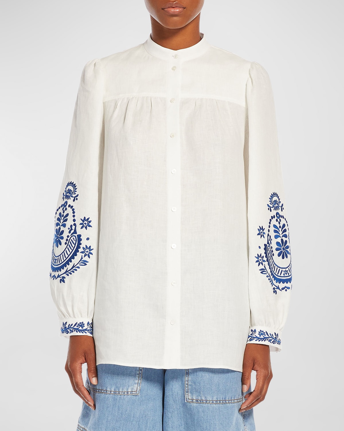 Shop Weekend Max Mara Carnia Floral-embroidered Linen Canvas Shirt In White