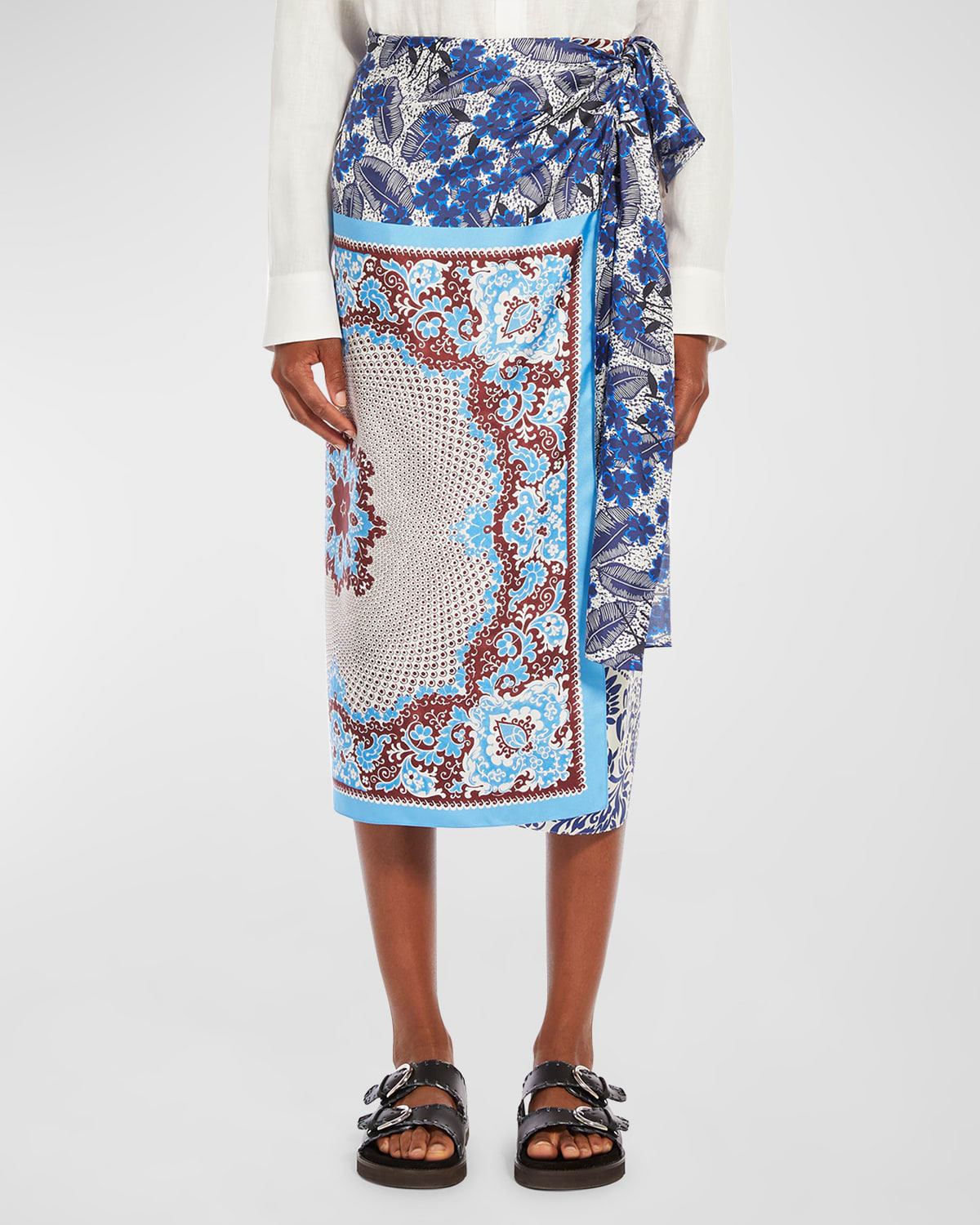 Shop Weekend Max Mara Nuevo Floral-print Silk Twill Sarong Skirt In Cornflower Blue