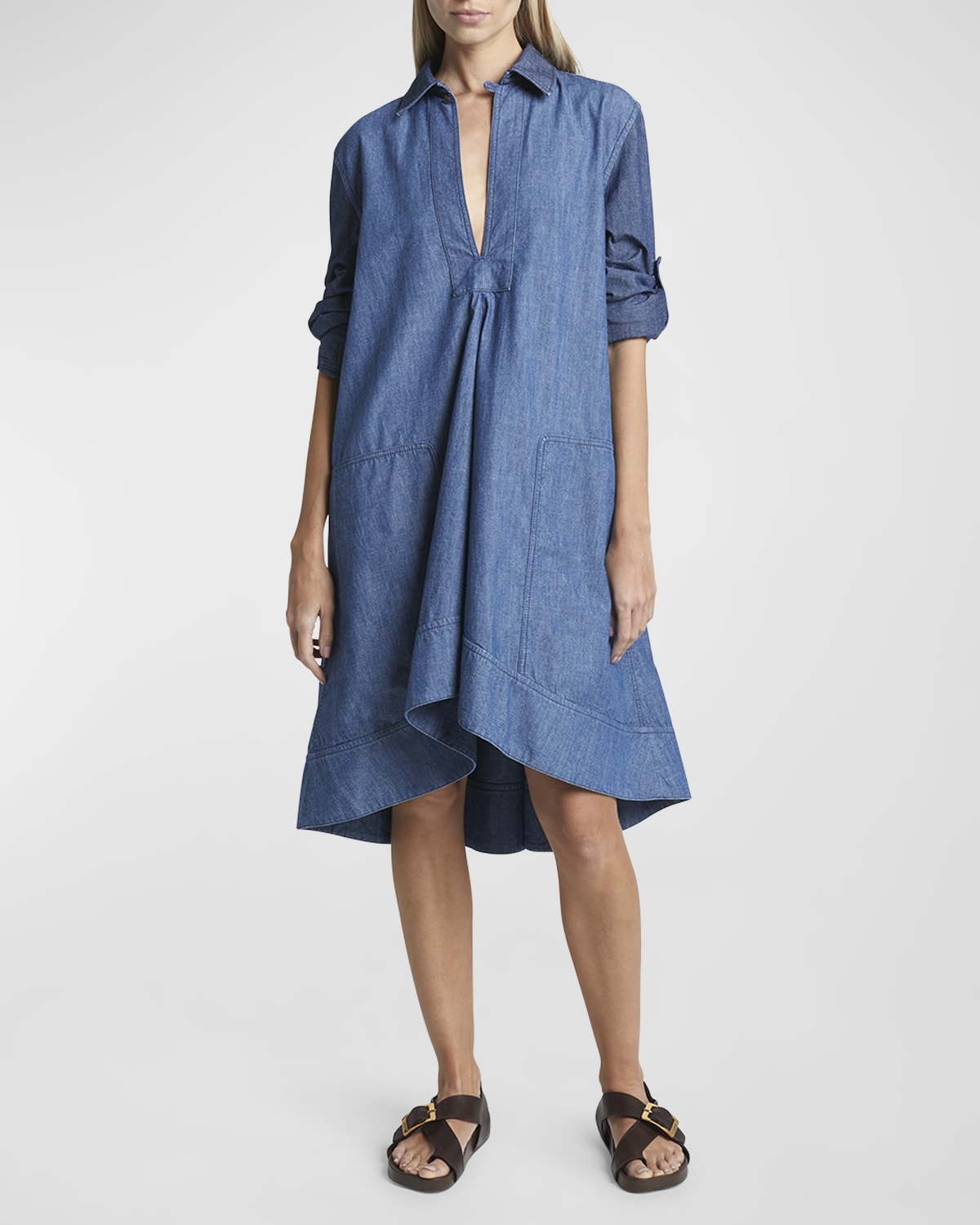 Shop Loewe X Paula Ibiza Denim Wrap Tunic Dress With Rolled Cuff Sleeves In Indigo Blu