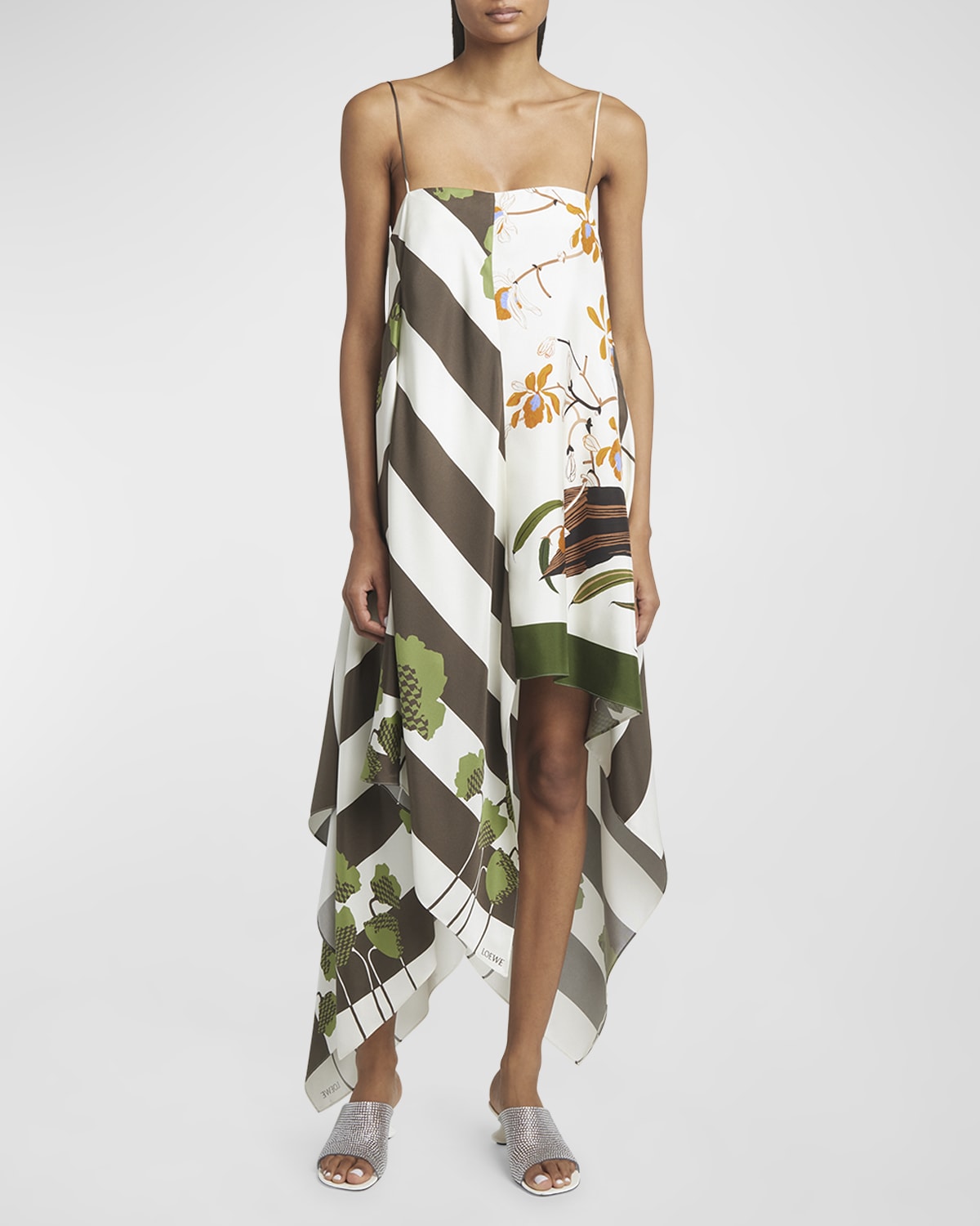 Shop Loewe X Paula Ibiza Asymmetric Multi-print Slip Dress In Offwh Kh M