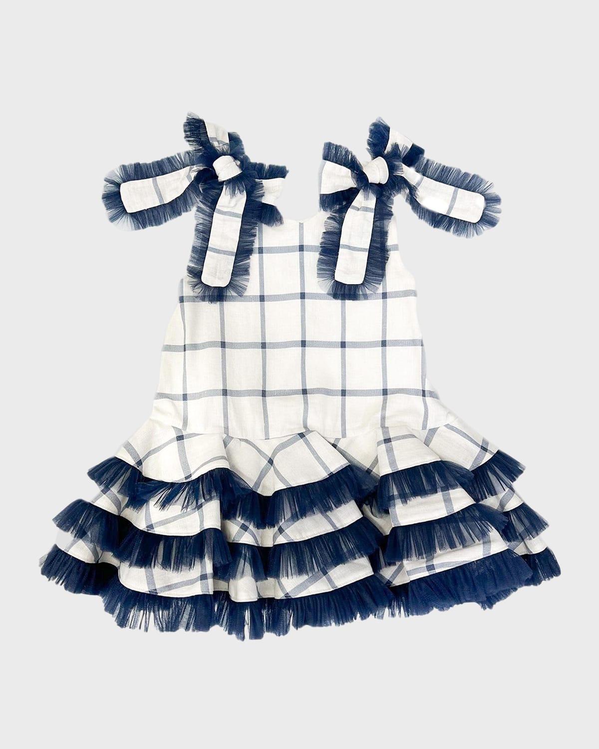 Shop Petite Maison Girl's Checkered Ruffle-trim Linen Dress In Navy Blue