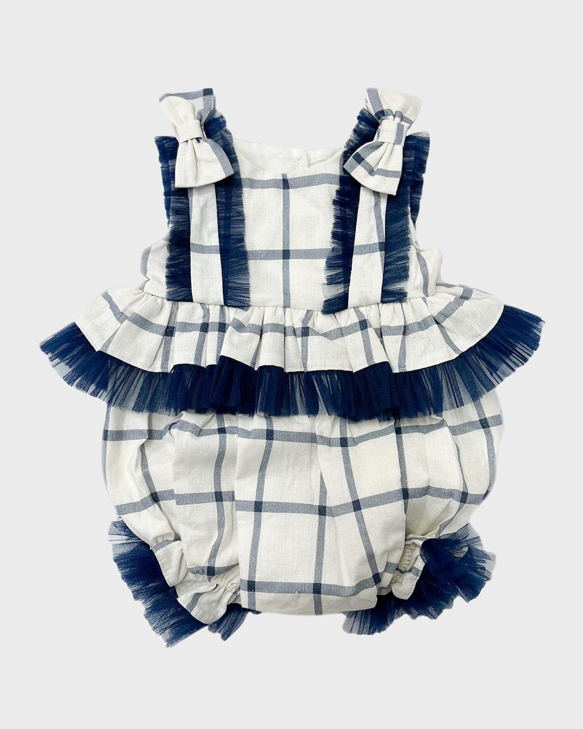 Shop Petite Maison Girl's Checkered Linen Ruffle Romper In Navy Blue