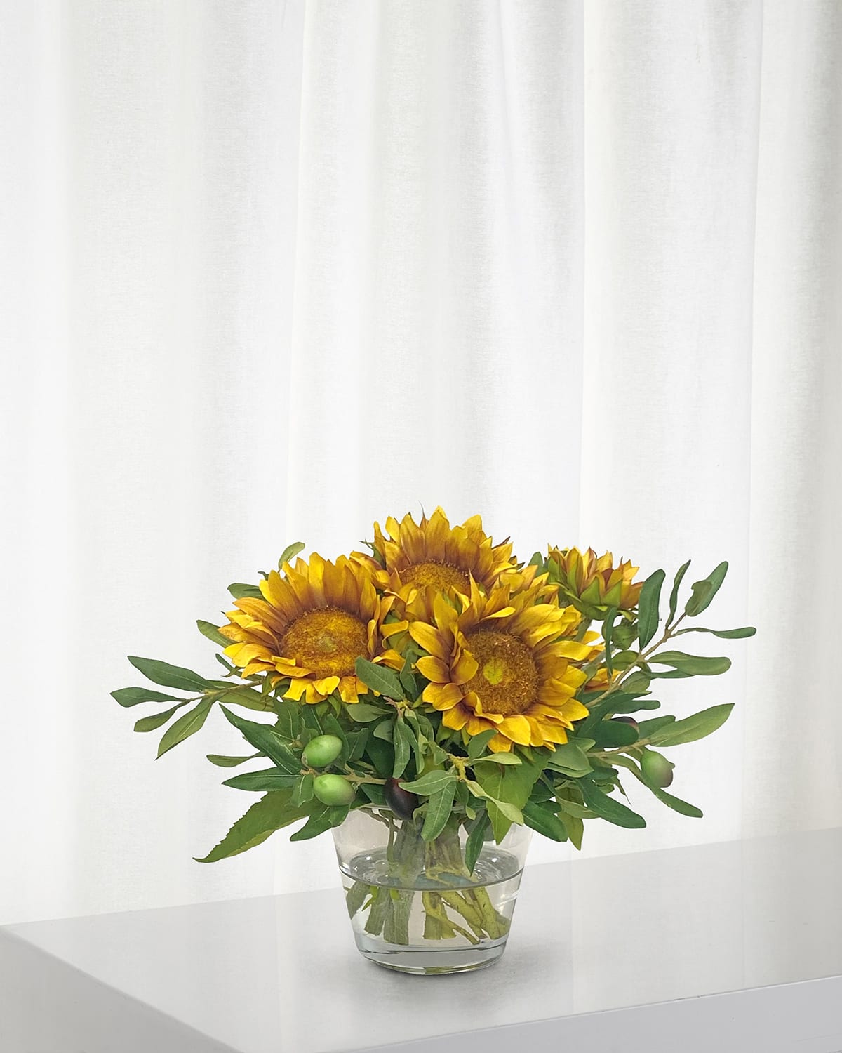 Winward Home Sunflower & Olive Arrangement In A Clear Vase In Yellow Green