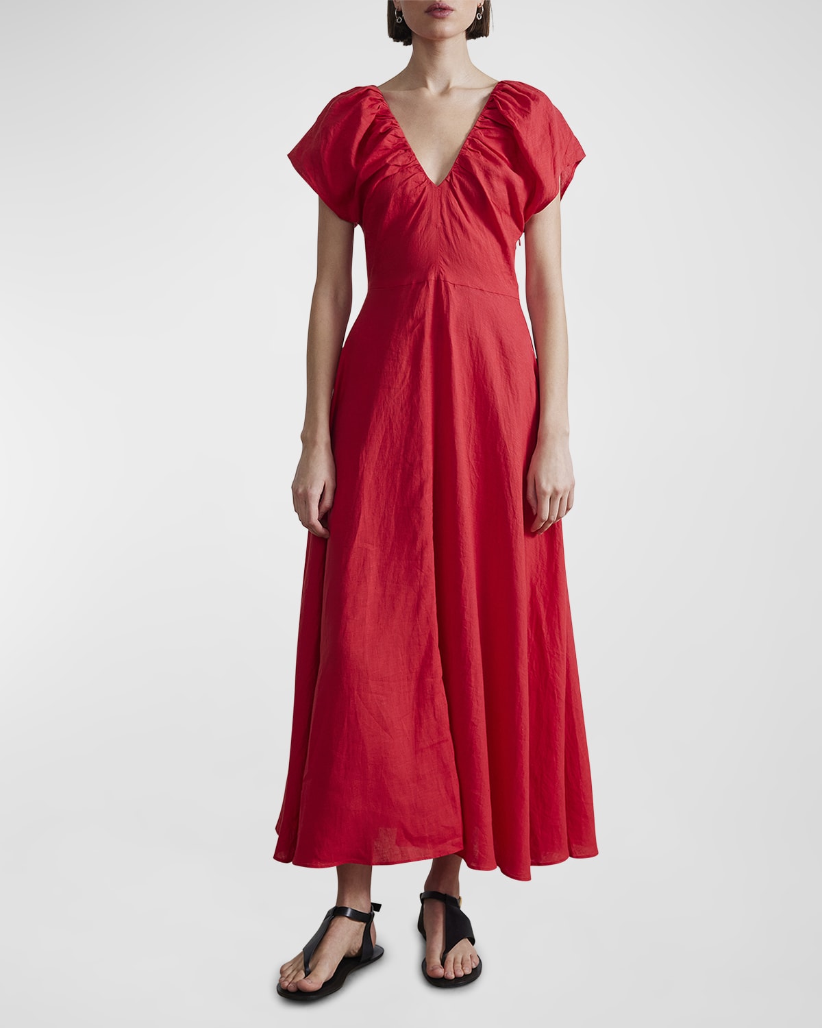 Monet Ruched Flutter-Sleeve Linen Maxi Dress