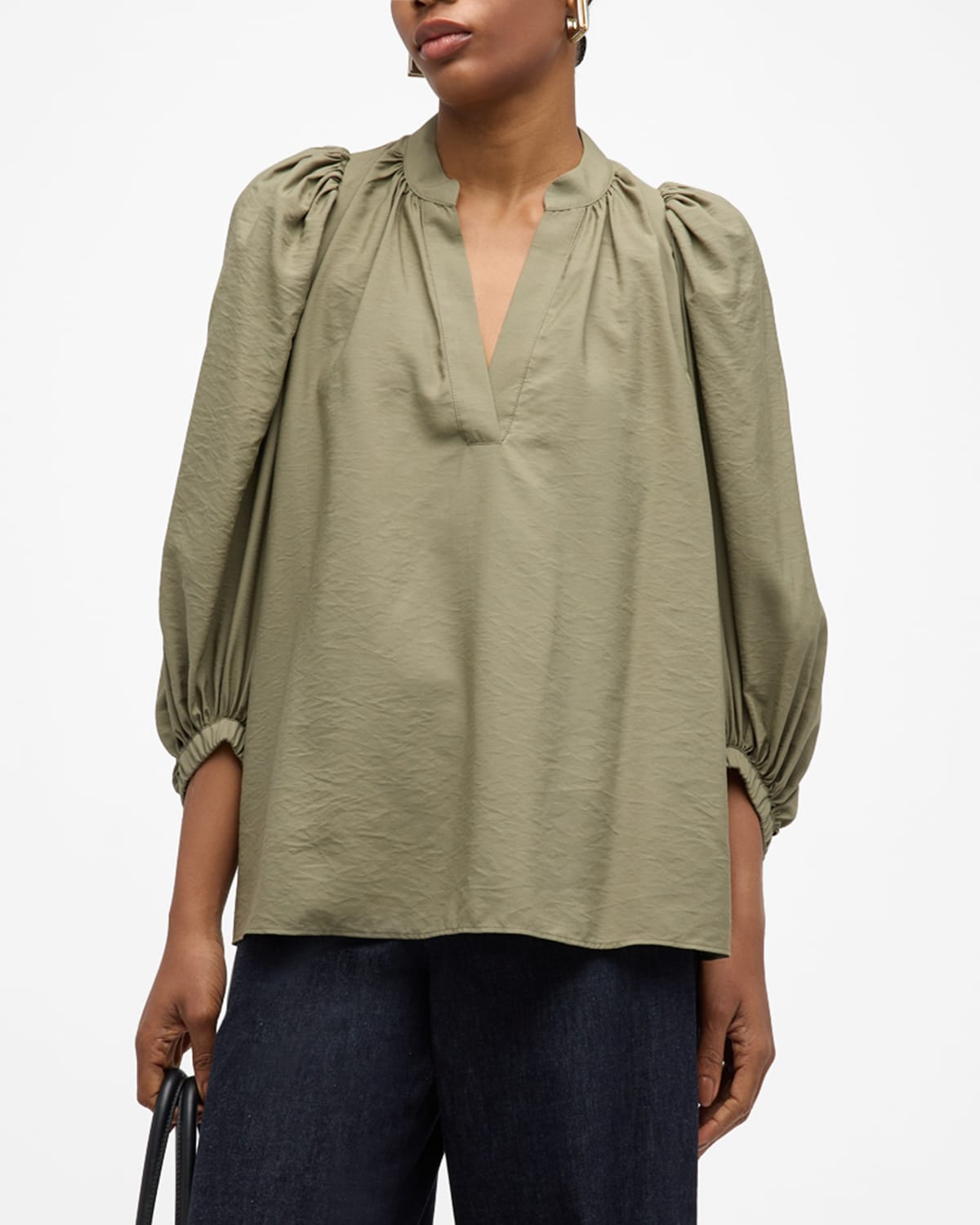 Bell Ruched Blouson-Sleeve Blouse