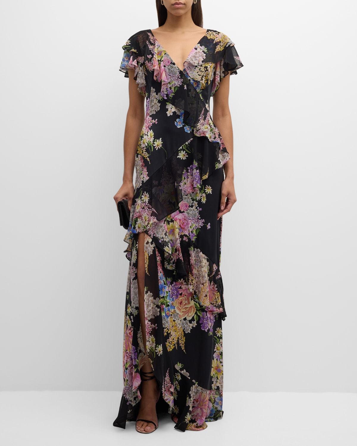 Shop Rickie Freeman For Teri Jon Floral-print Ruffle Chiffon Gown In Black Mult