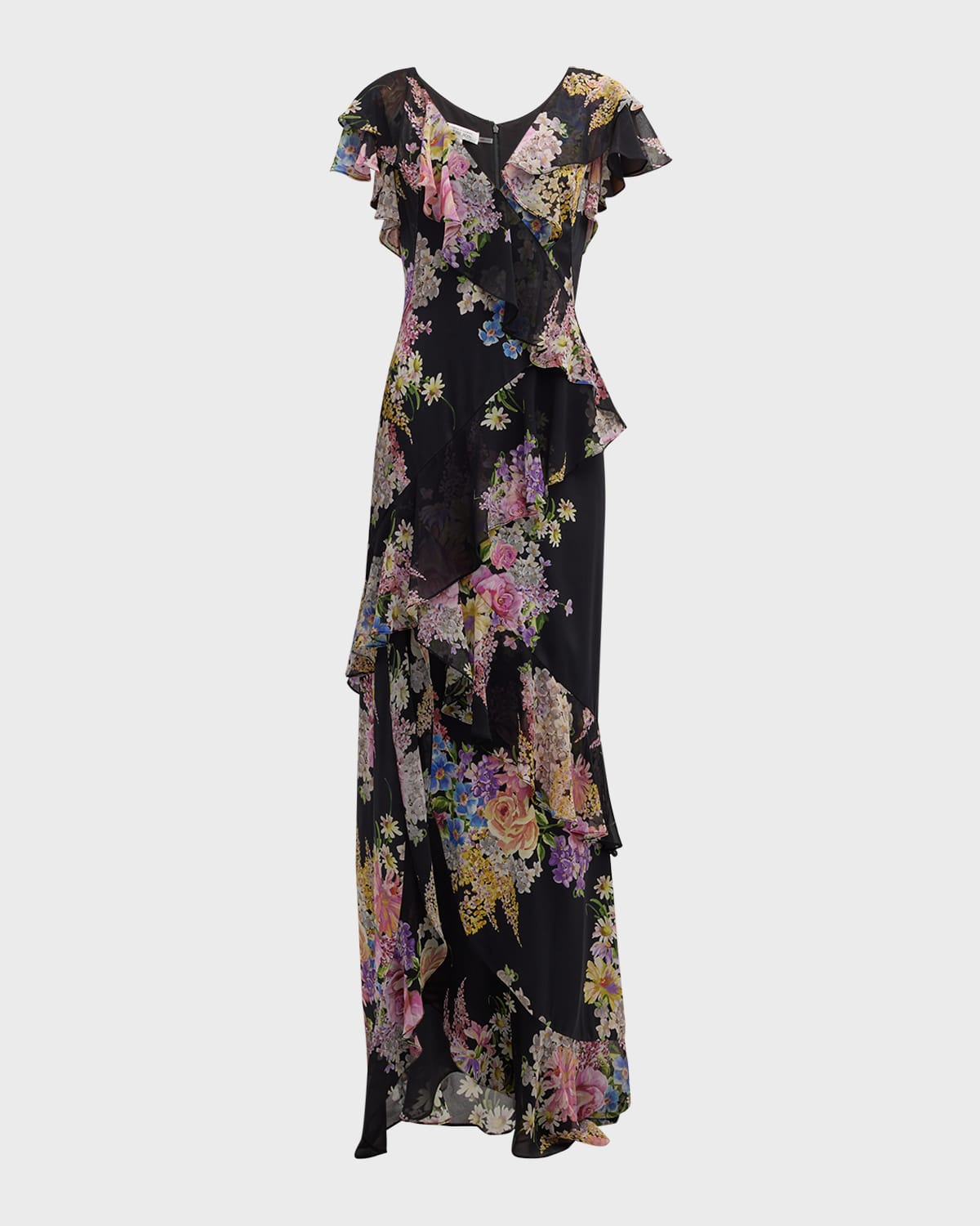 Floral-Print Ruffle Chiffon Gown