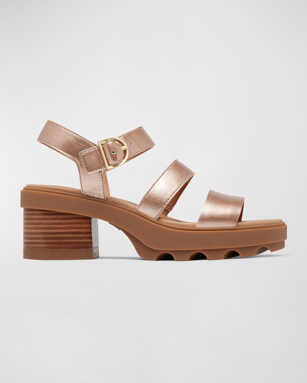 Shop Sorel Joanie Metallic Leather Ankle-strap Sandals In Warm Gold Gum 2