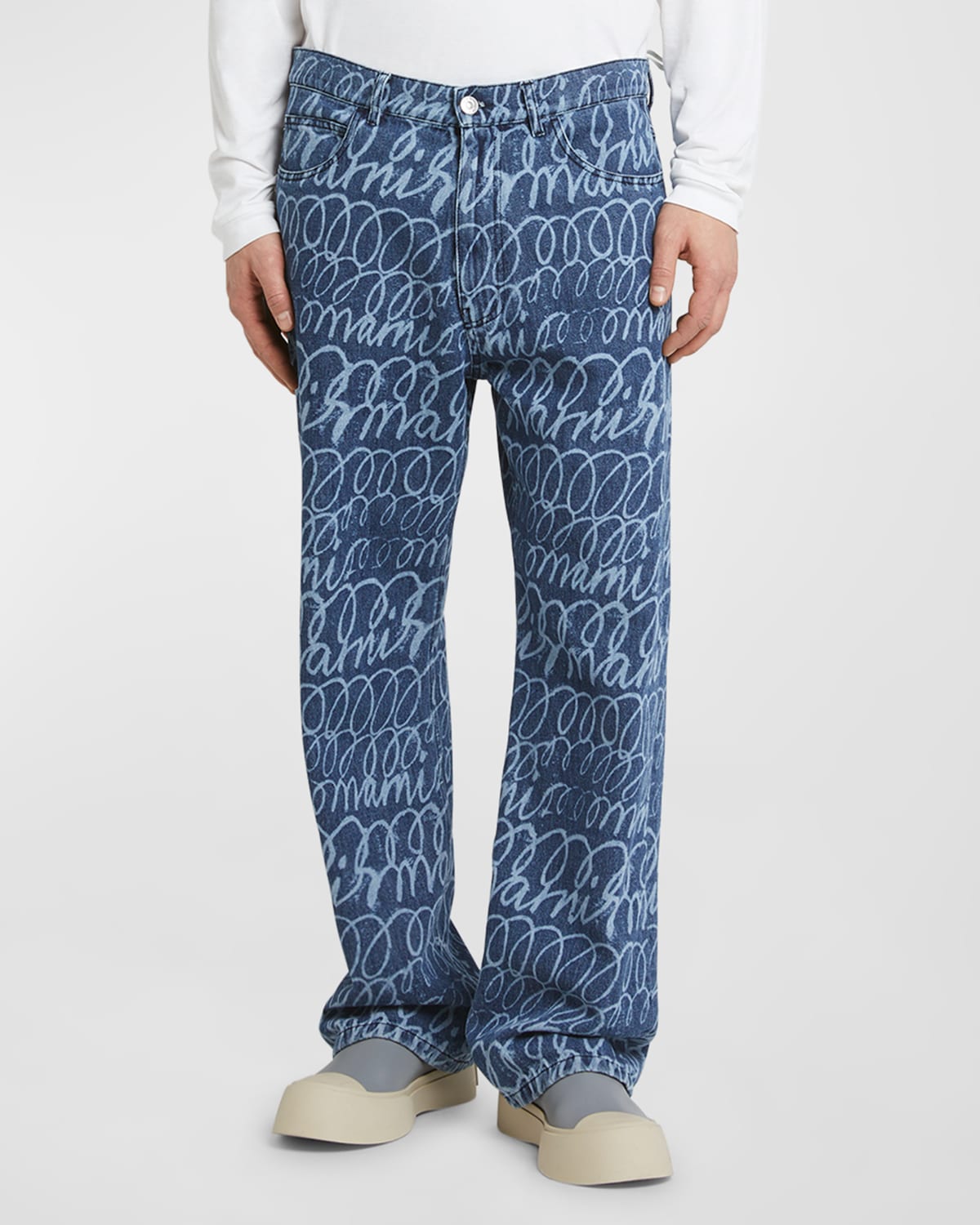 Marni Men's Wide-leg Scribble Jeans In Blue