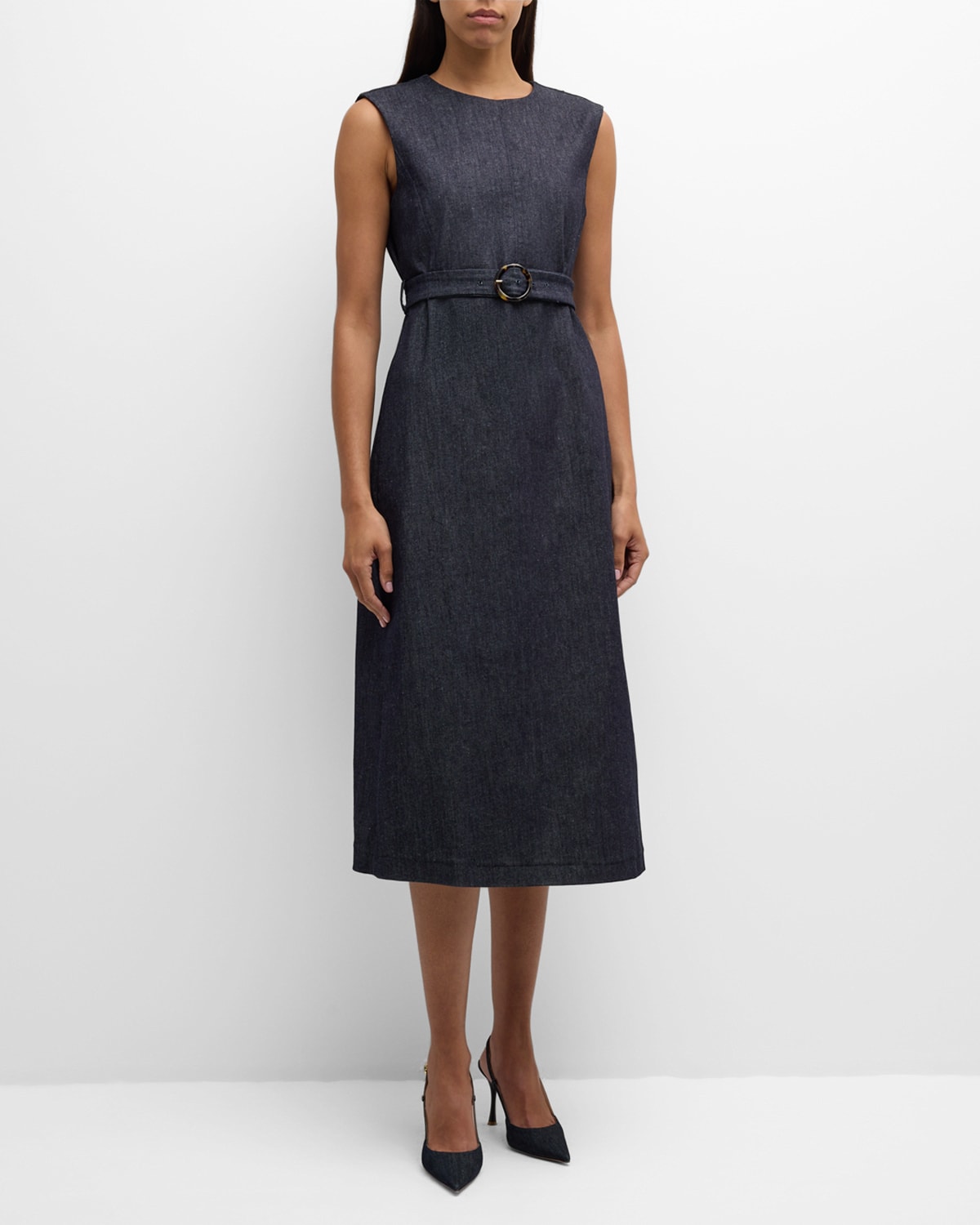 Max Mara Lucilla Sleeveless Belted Denim Midi Dress In Blue