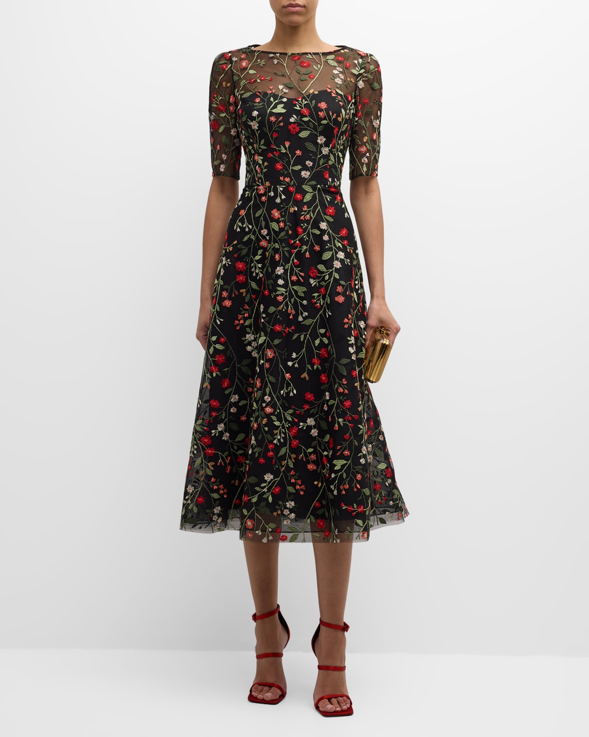 Floral-Embroidered Tulle Midi Dress