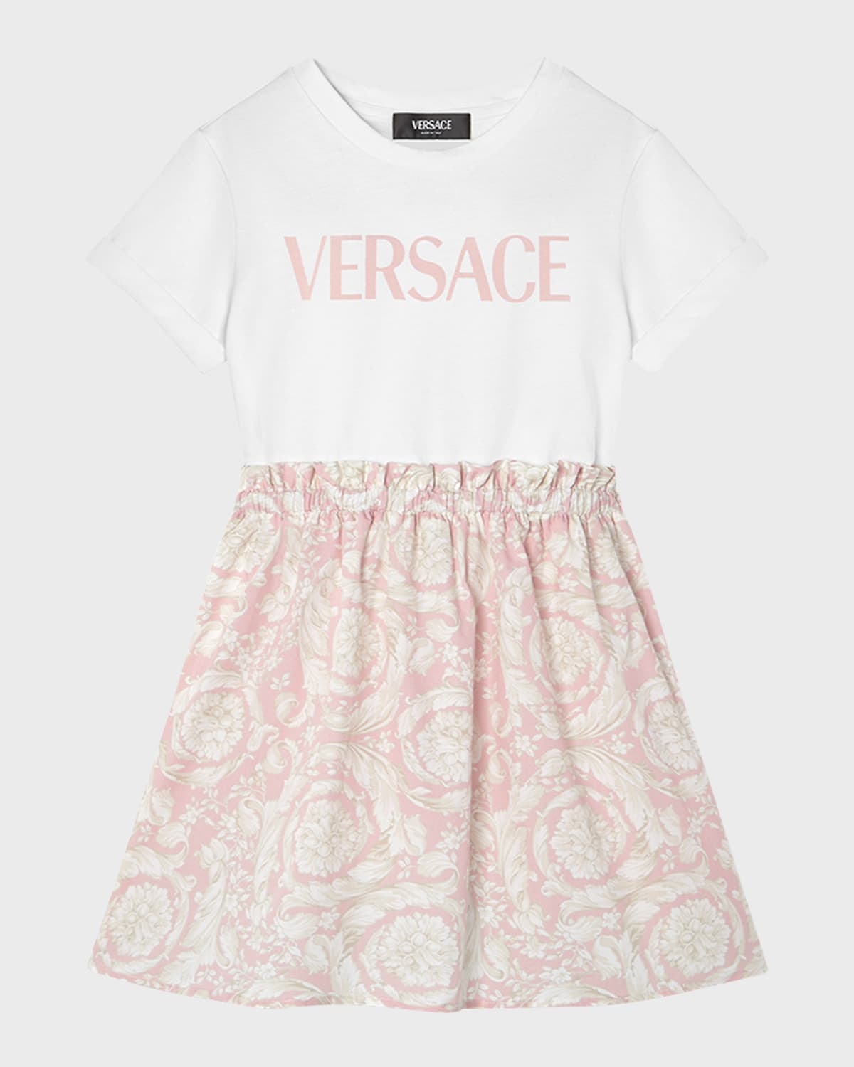 Shop Versace Girl's Logo-print Combo Dress W/ Barocco Skirt In White/pink