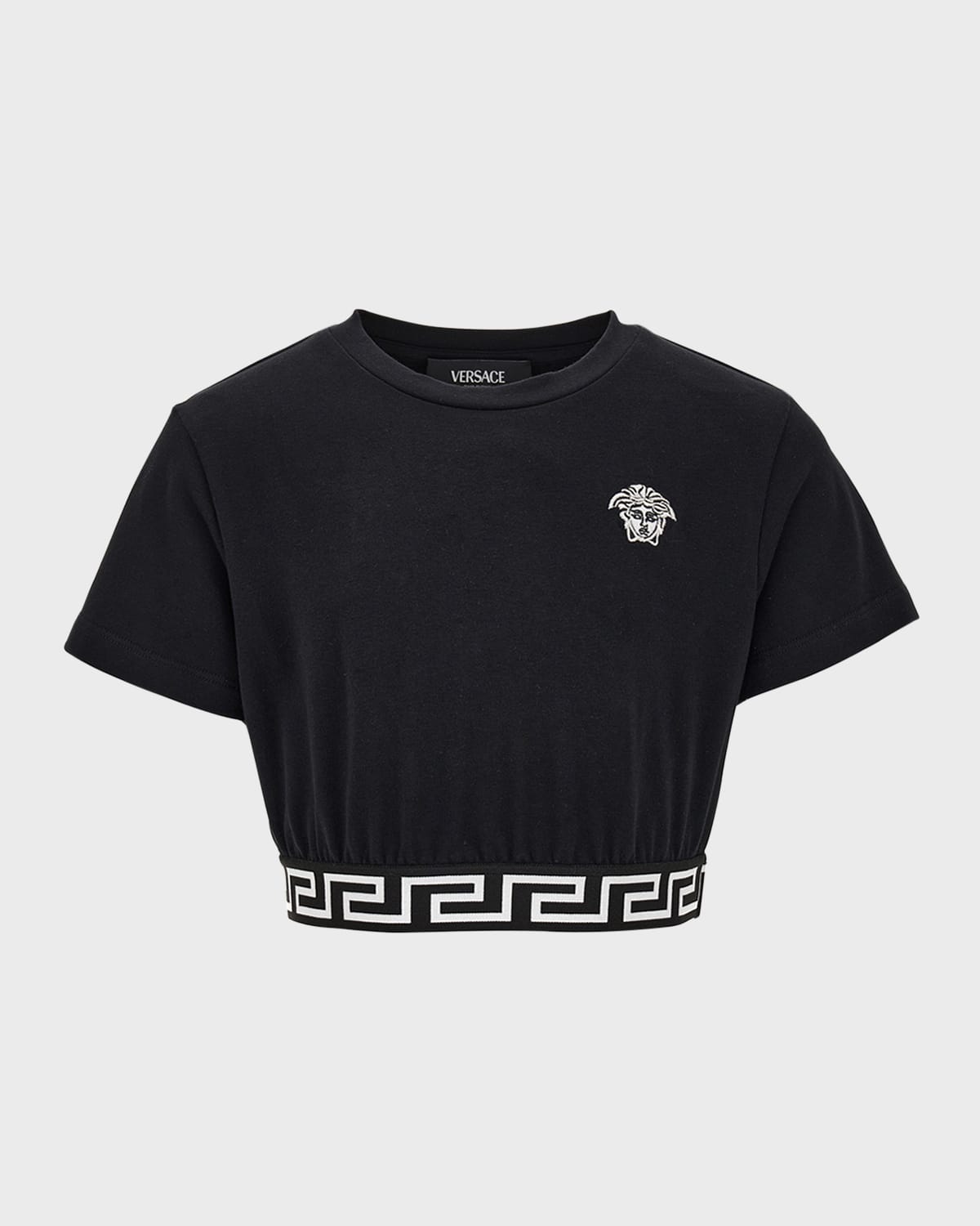 Shop Versace Girl's Greca Border Cropped T-shirt In Black/white