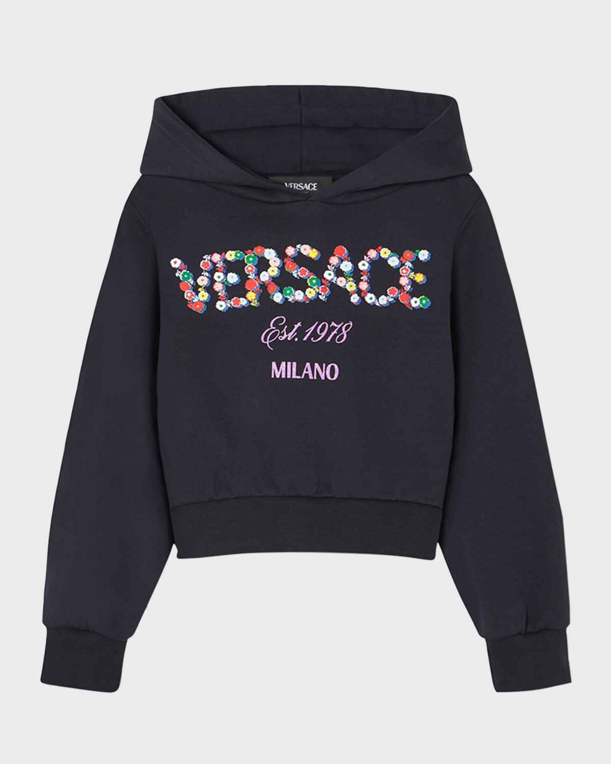 Versace Kids' Girl's Floral Logo-print Hoodie In Black