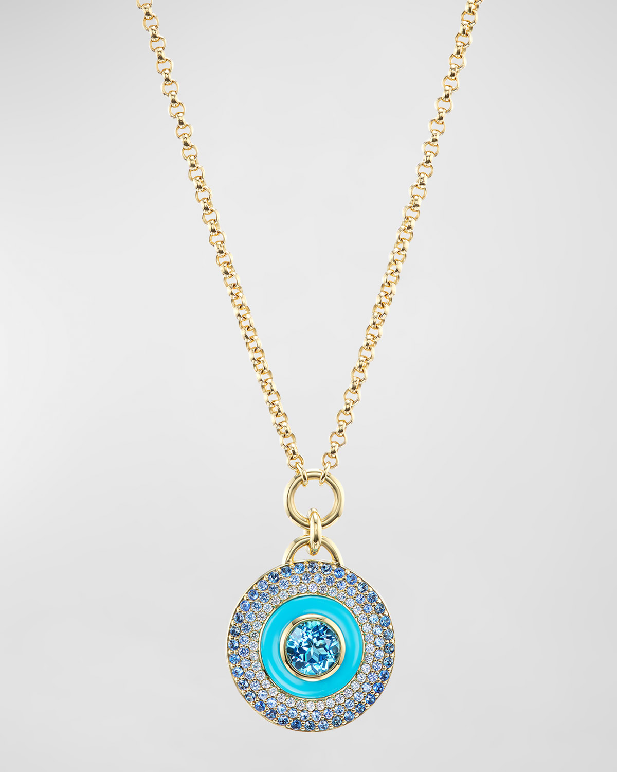 Water Medallion 18K White and Yellow Gold Necklace with Topaz, Sapphire and Turquoise