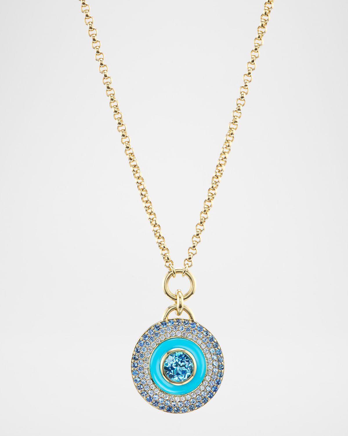 Water Medallion 18K White and Yellow Gold Necklace with Topaz, Sapphire and Turquoise