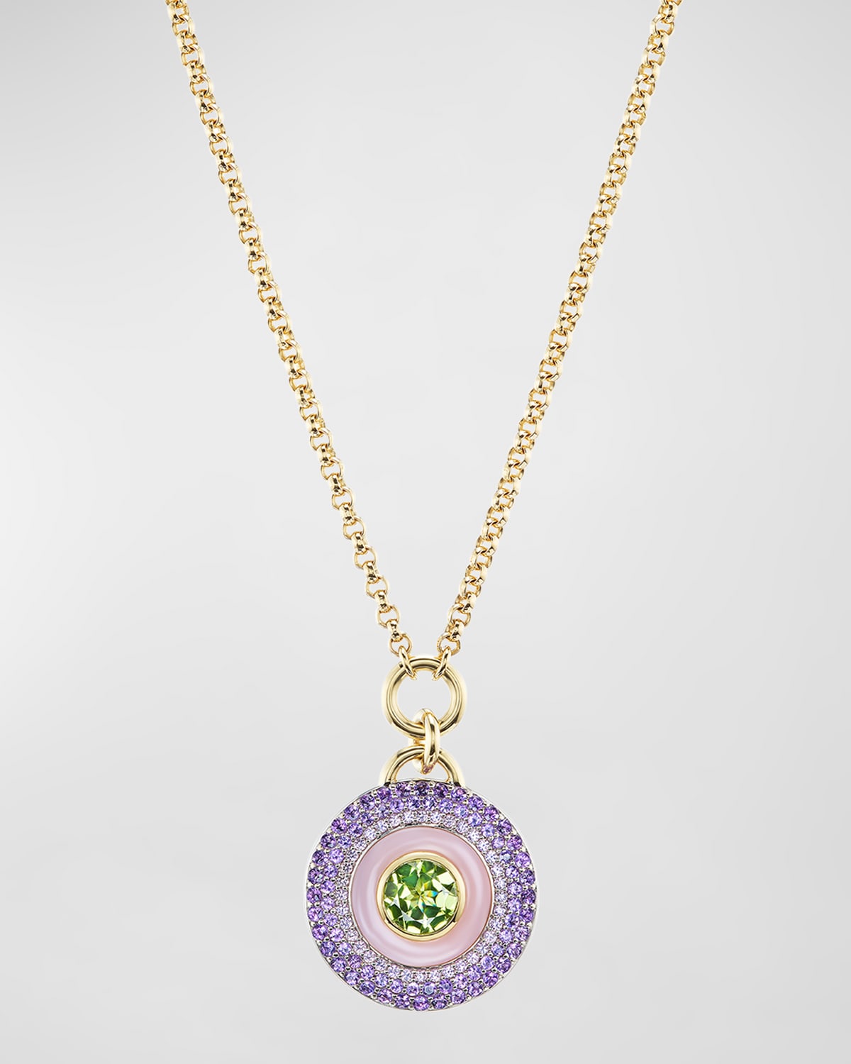 Earth Medallion 18K White and Black Gold Necklace with Peridot, Amethyst and Pink Opal