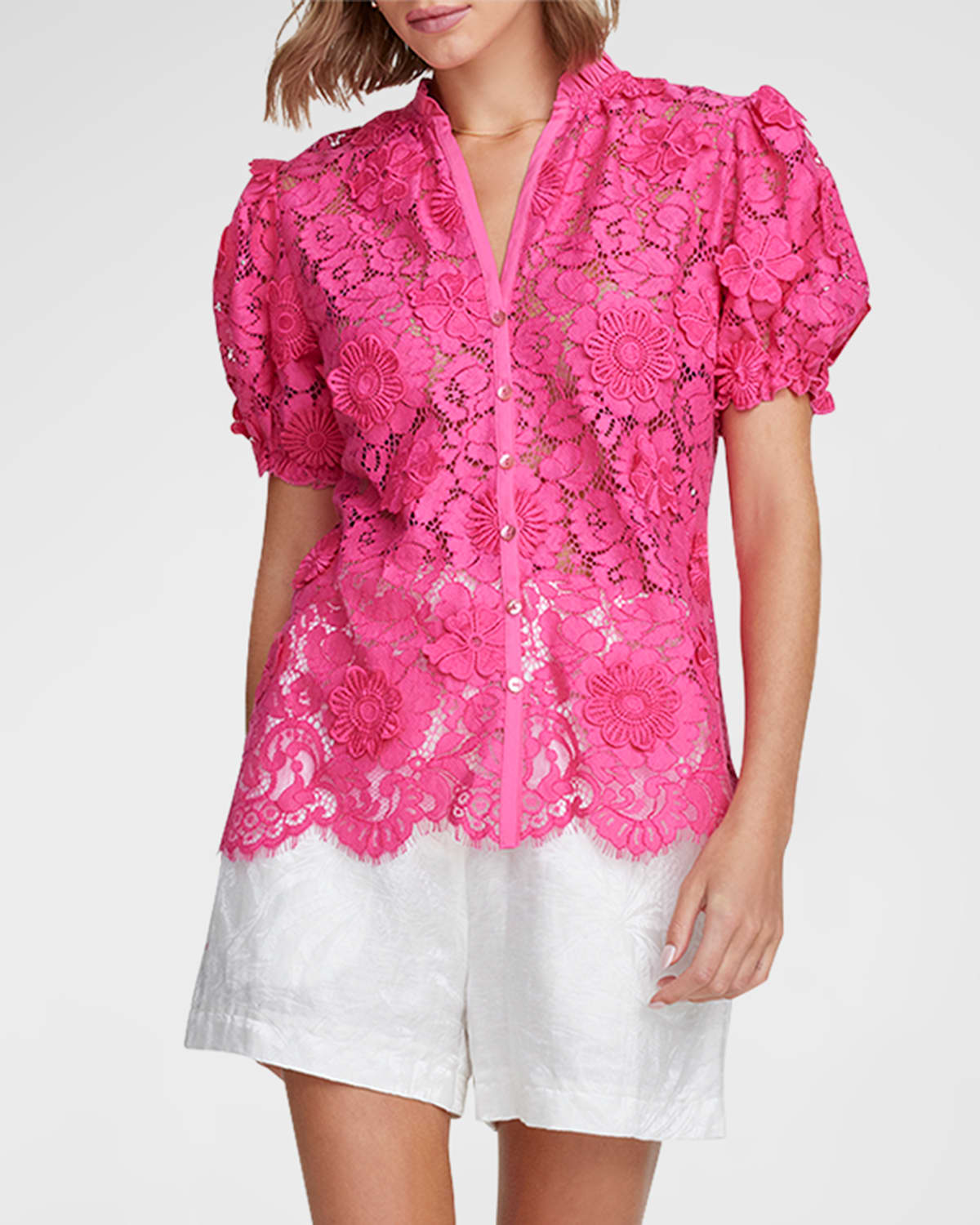 Shop Robert Graham Mila Puff-sleeve Floral Lace Shirt In Pink