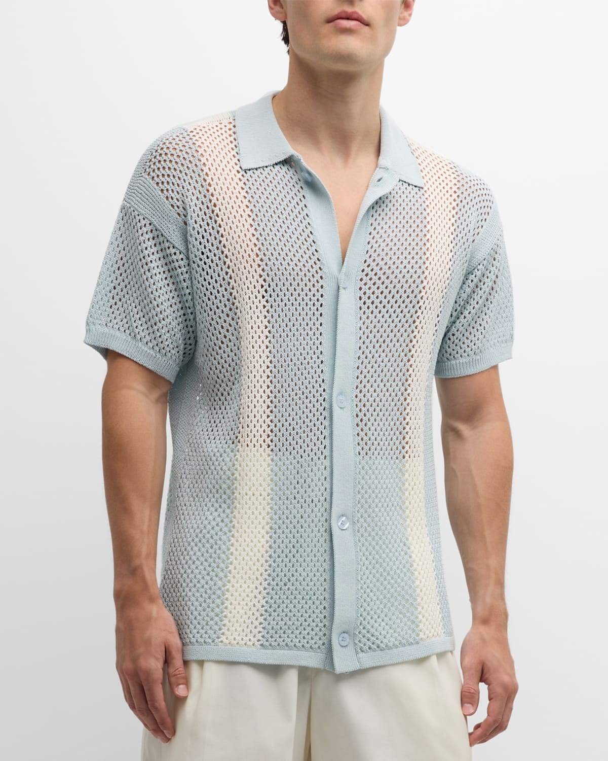 Shop Frescobol Carioca Men's Castillo Stripe Crochet Short-sleeve Shirt In 758 Seafoam