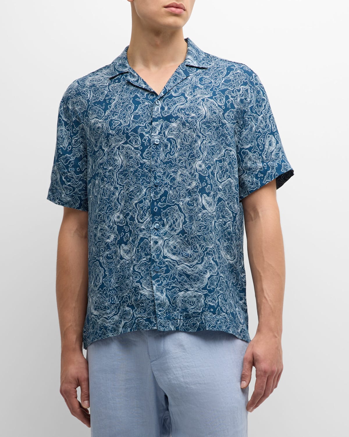 Shop Frescobol Carioca Men's Topo Roberto Linen Topo-print Camp Shirt In 756 Perennial Blue